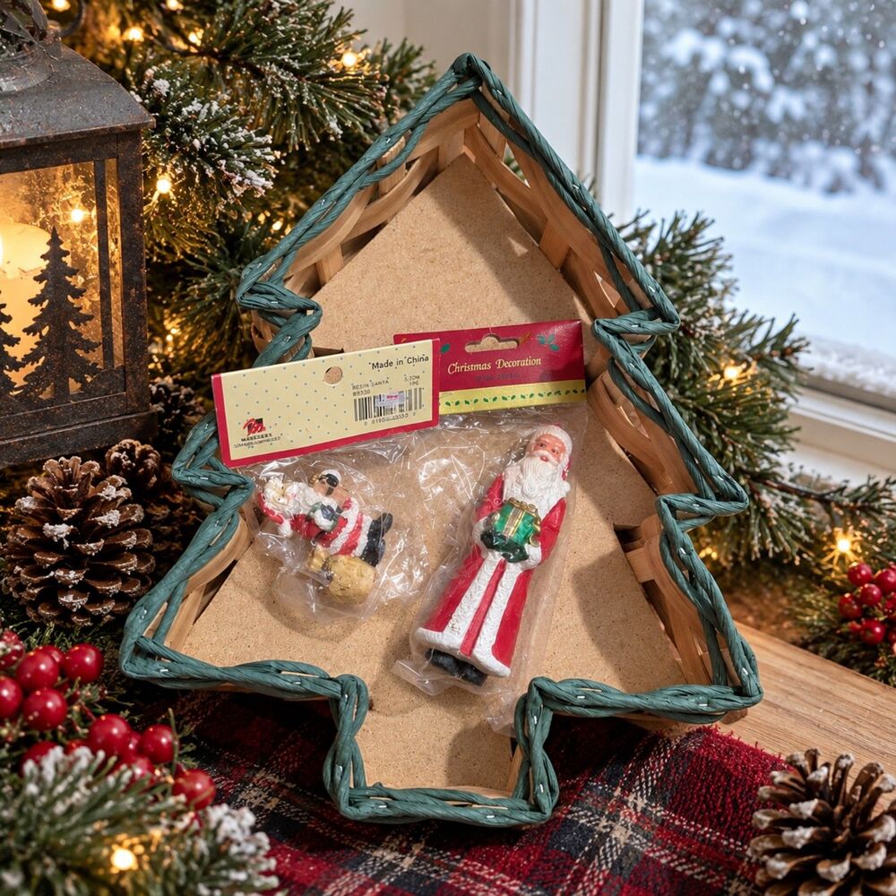 Vintage Christmas Tree Basket Tray Santa Resin Figurines Holiday Decor Lot